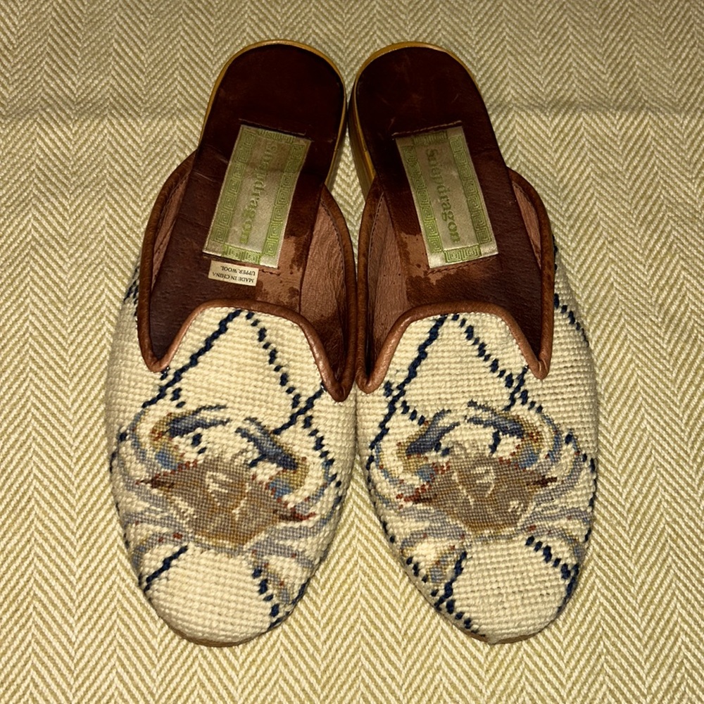 Snapdragon Needlepoint Crab Mules